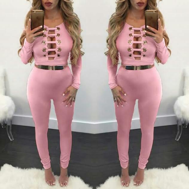 Pink Deep V Detailed Jumpsuit