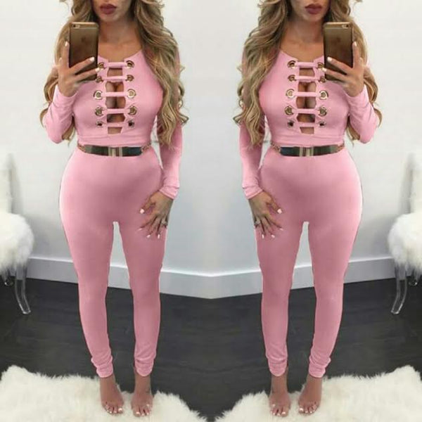 Pink Deep V Detailed Jumpsuit