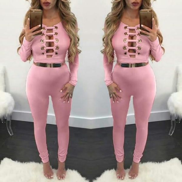 Pink Deep V Detailed Jumpsuit