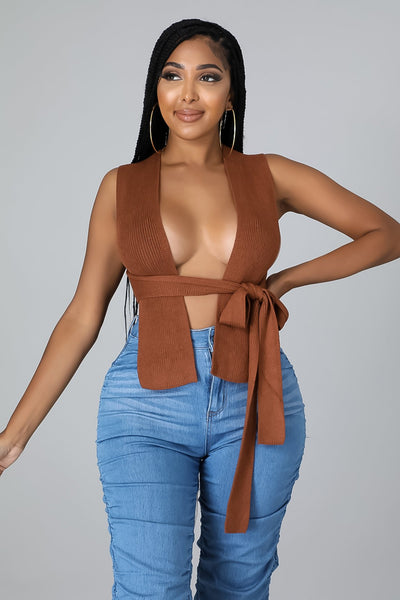 Brown Solid shawl low cut blouse