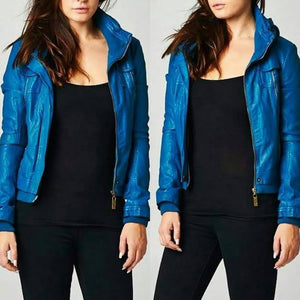 Blue Leather jackets with hood