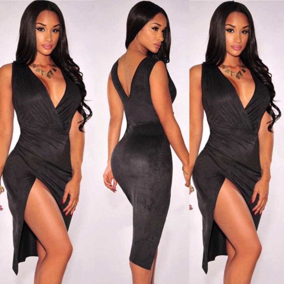 Black suede high split party dress