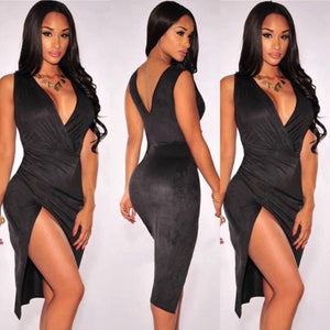 Black suede high split party dress