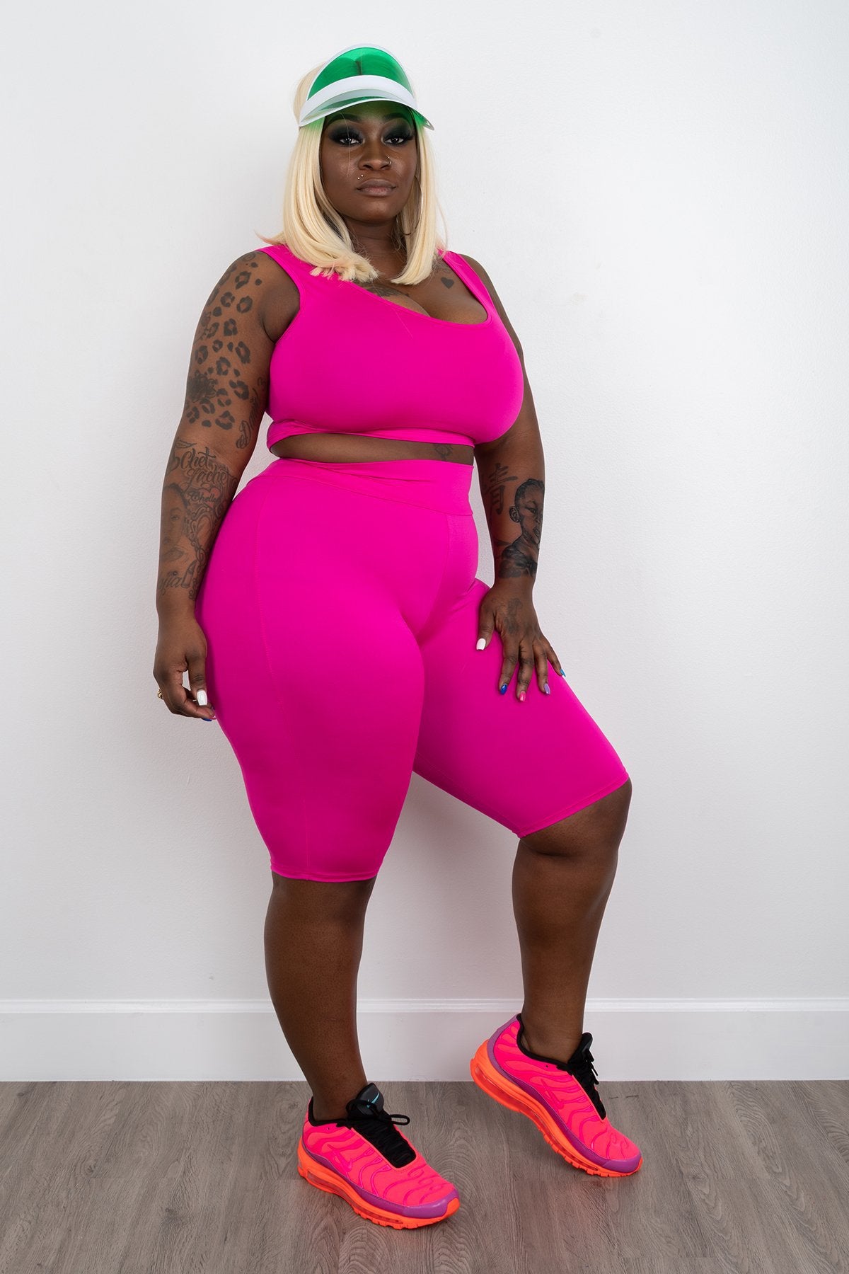 Neon Pink Elastic vest shorts two-piece plus size short set
