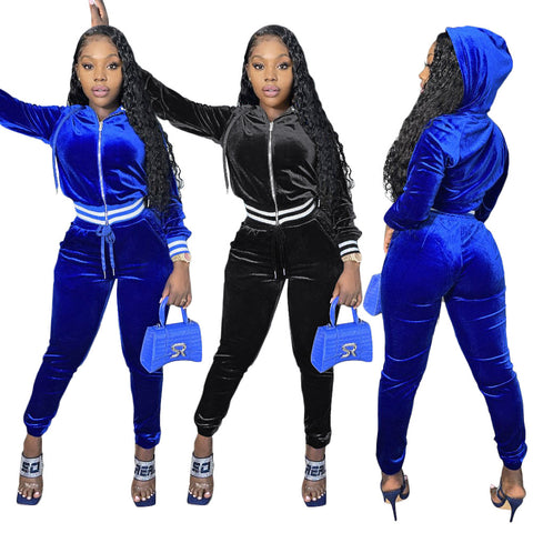 Blue Fashion velvet hooded thread two-piece set