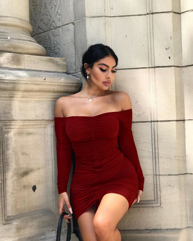 Burgundy drawstring pleated collar dress