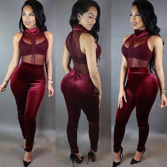 red wine sexy velvet with sheer catsuit