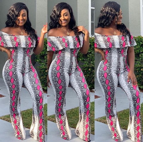 Pink & Gray Snake skin print off thee shoulder jumpsuit