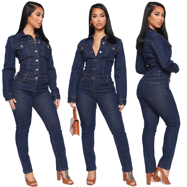 Denim Fashion long sleeve jeans Jumpsuit