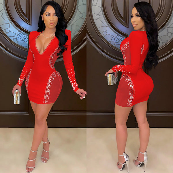 Red Sexy hot drill mesh perspective dress