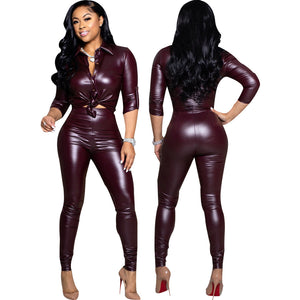 Wine Red Elastic PU leather suit