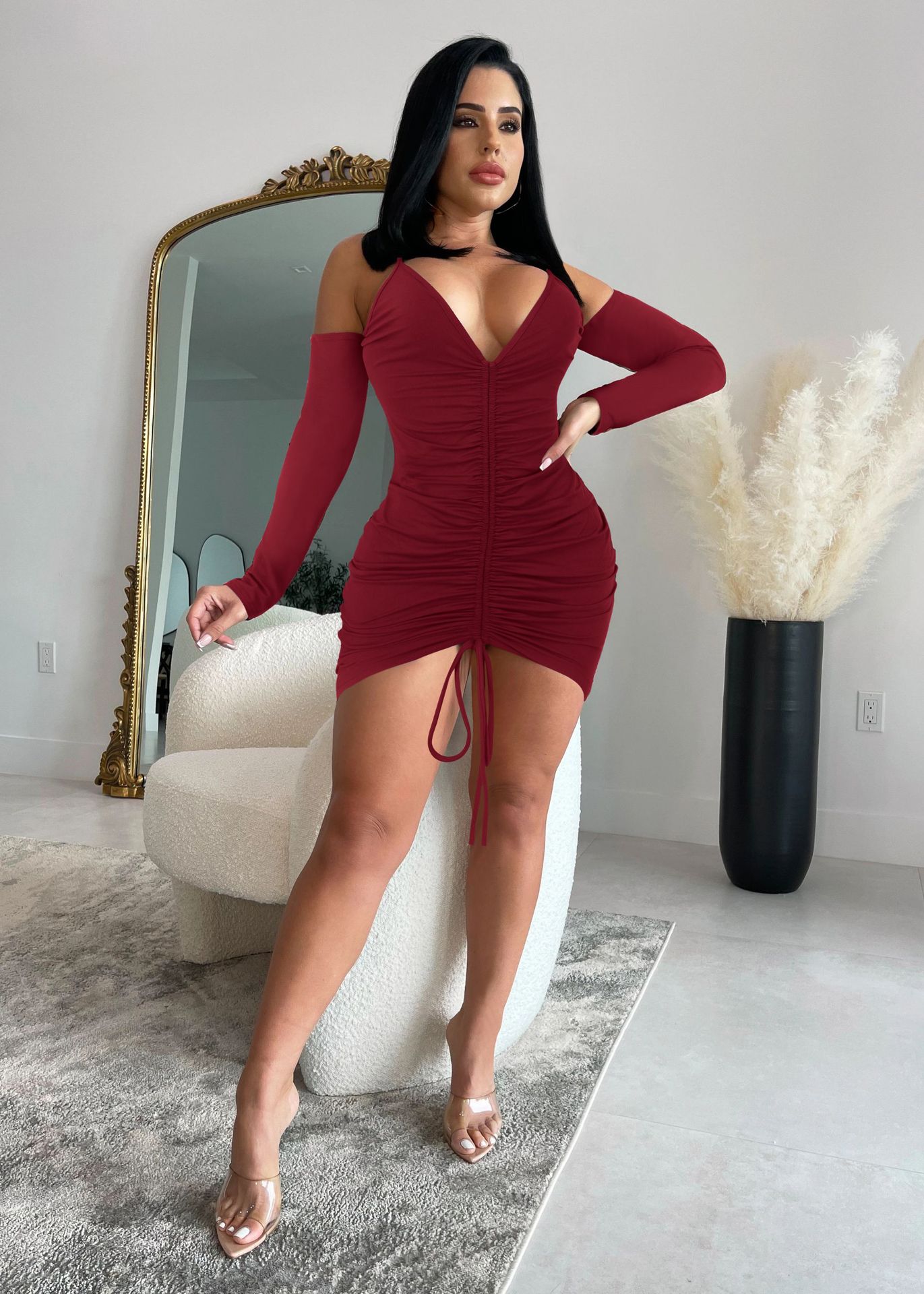 Wine red Solid off shoulder V-neck strap drawstring dress