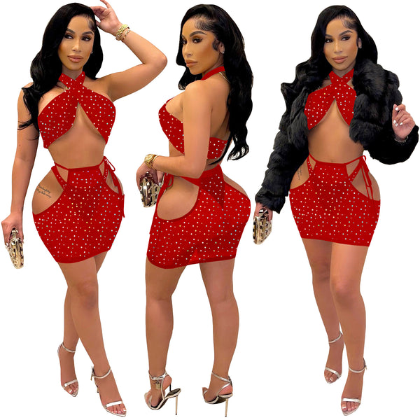 Red Sequin chest wrapped underwear Skirt Set