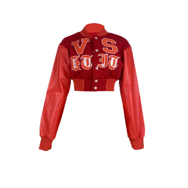 WOMEN RED CREW NECK LOOSE SHORT JACKET BOMBER TOP