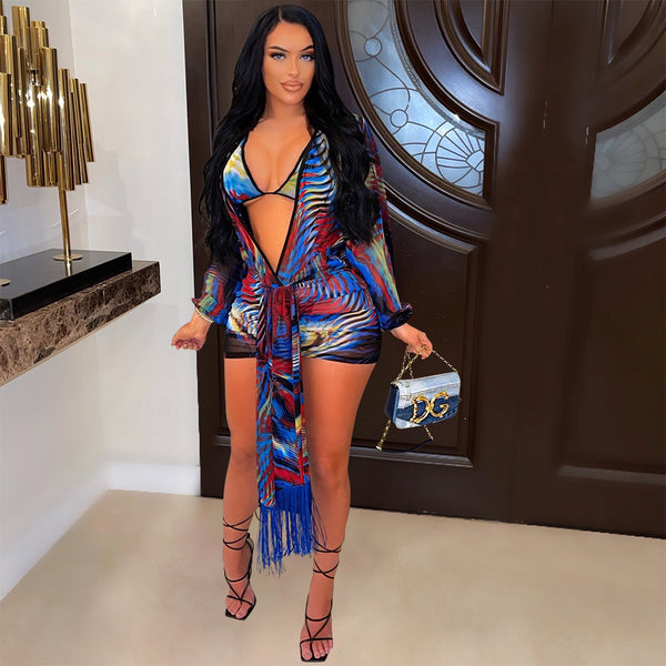 Multi color Sling + underwear + coat printed three piece set