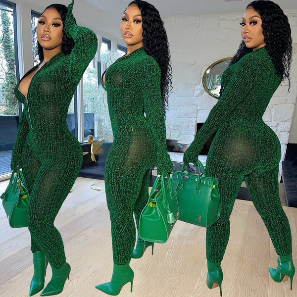 Green Solid mesh long sleeve Jumpsuit