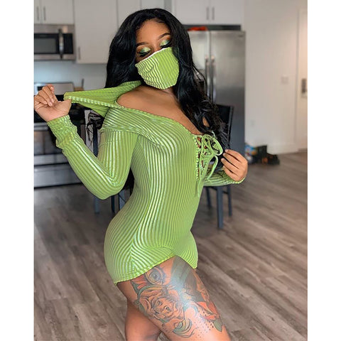 Green Casual bandage stripe long sleeve Hoodie romper (including mask)