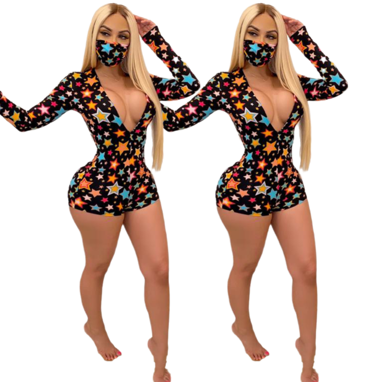 Black Star sexy print color Jumpsuit (including mask)