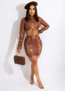 Brown Sexy temperament bandage Pu suit short skirt two piece set