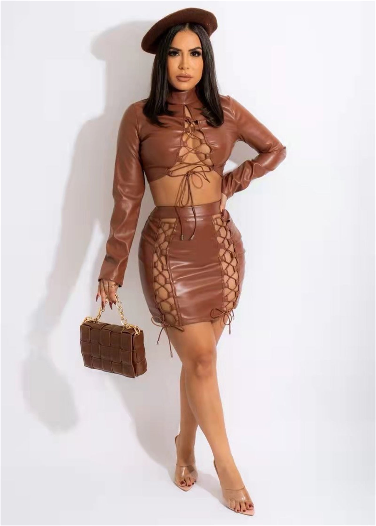 Brown Leather women skirt set