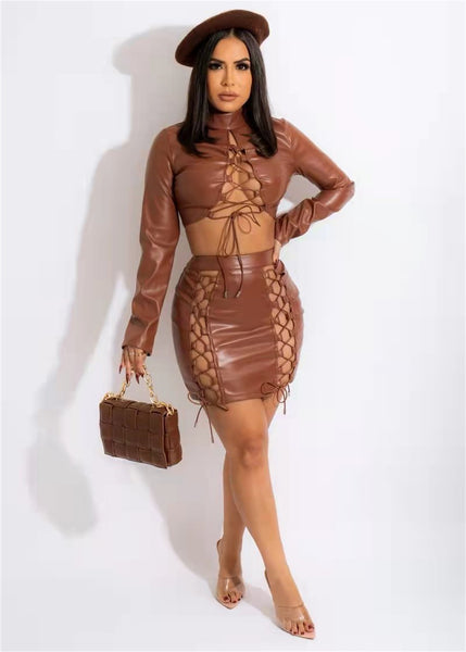 Brown Sexy temperament bandage Pu suit short skirt two piece set