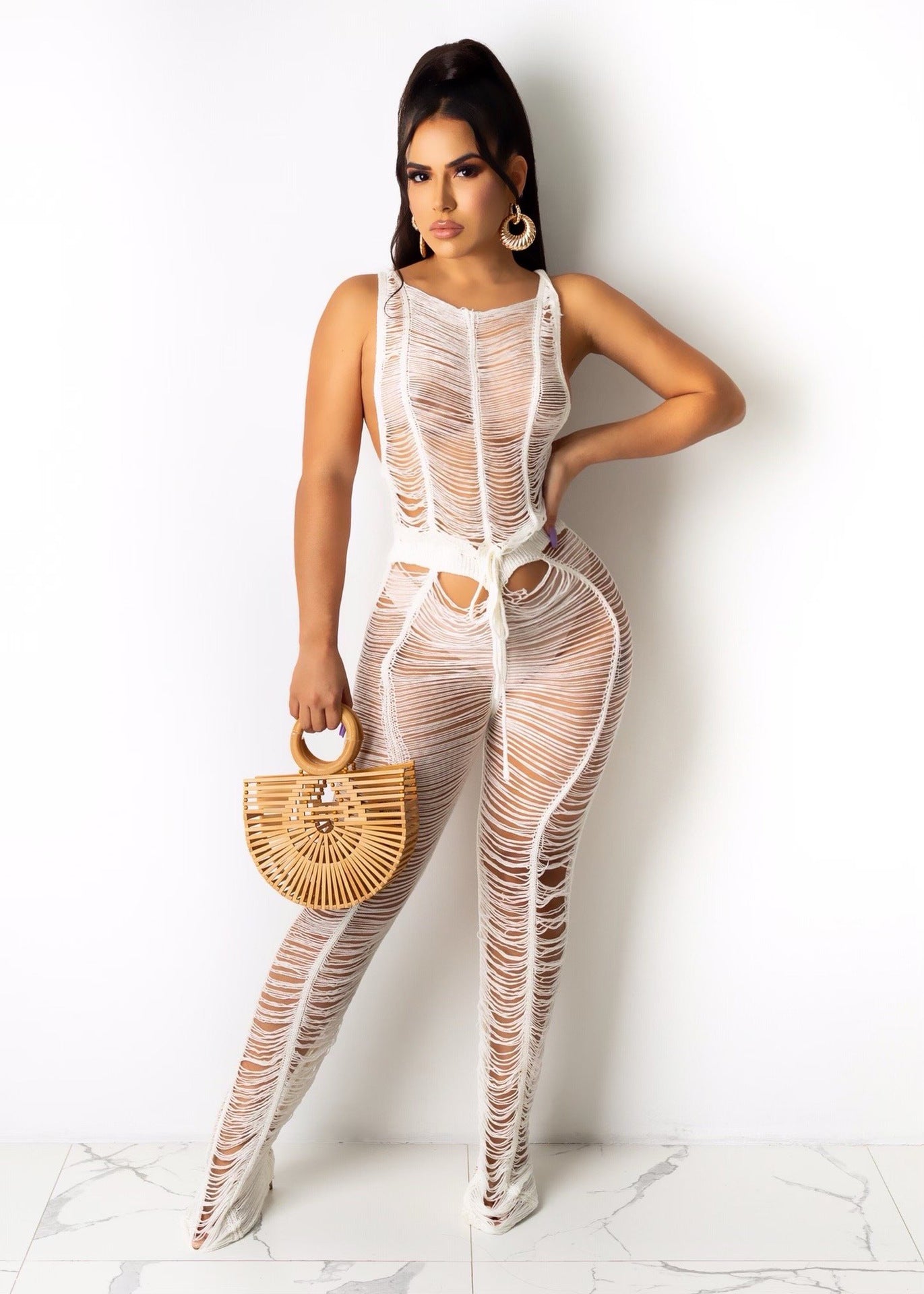 White Sexy knitted hollow out beach Jumpsuit