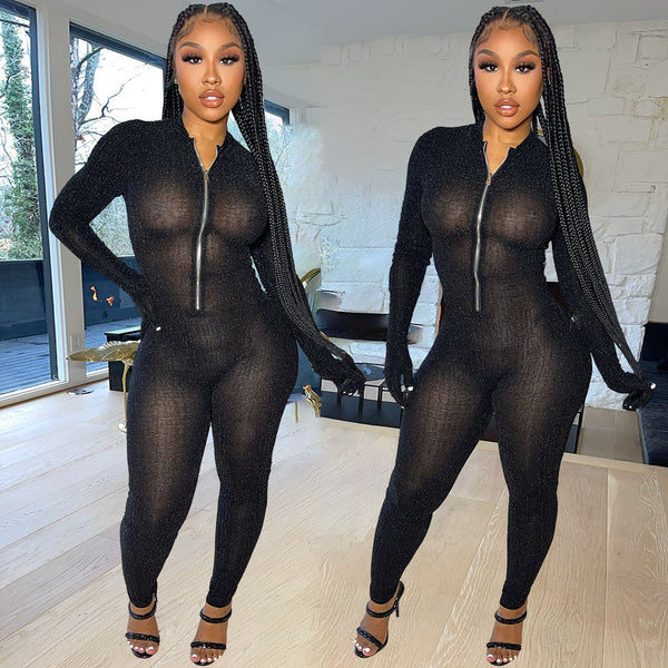 Black Solid mesh long sleeve Jumpsuit