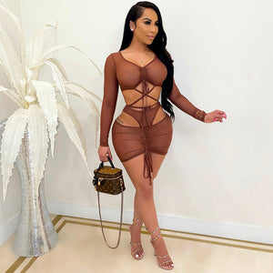 Brown Sexy fashion lace up perspective screen two piece set