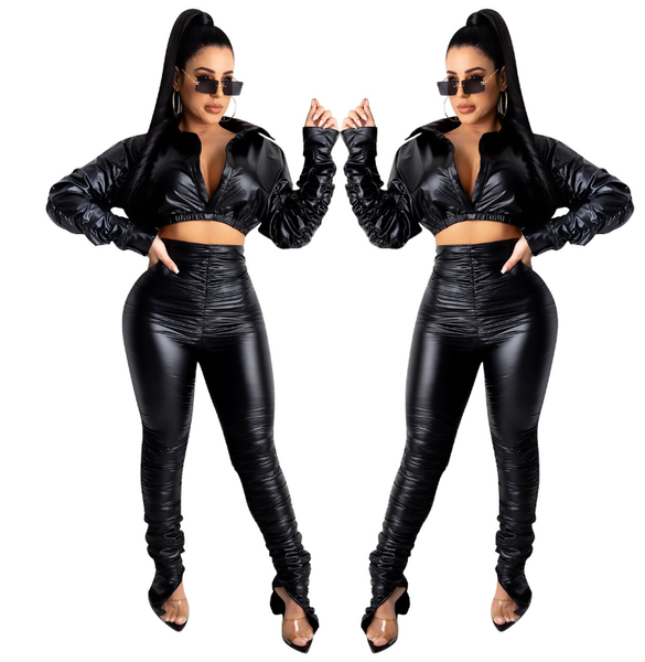 Black Fashion casual solid Pu pleated two piece set