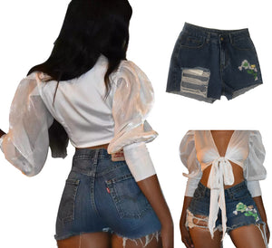 High elastic embroidered jeans shorts