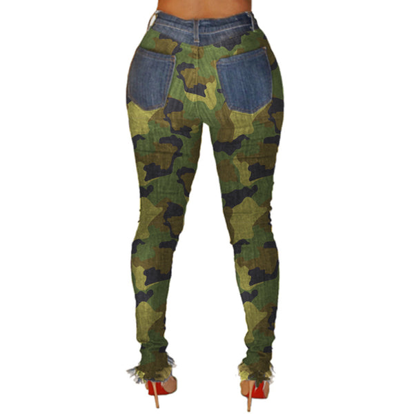 Army green High waist and tight fur-trimmed jeans