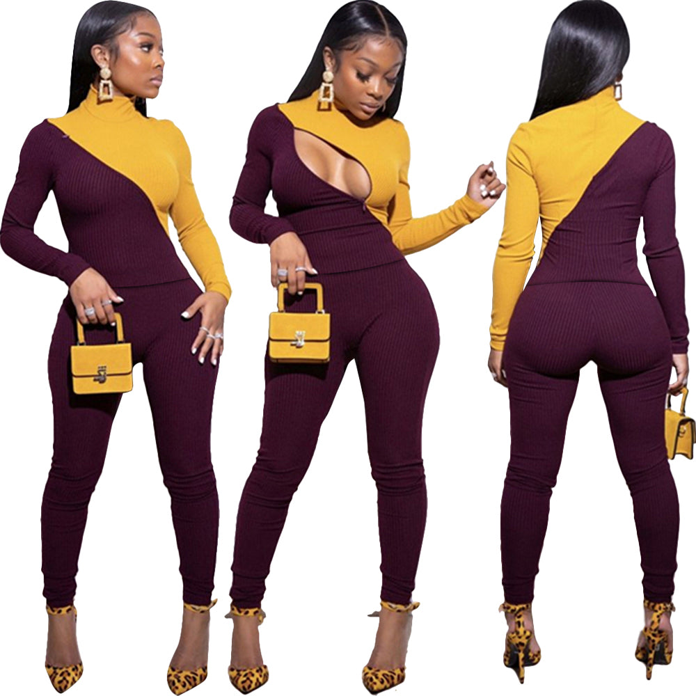 Two color two-piece set with zipper neck at chest