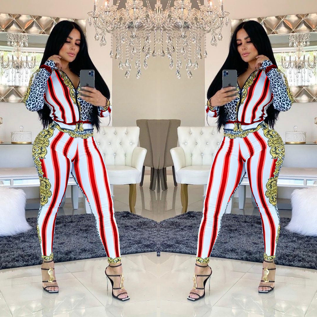 Red Zipper sport two piece pant set