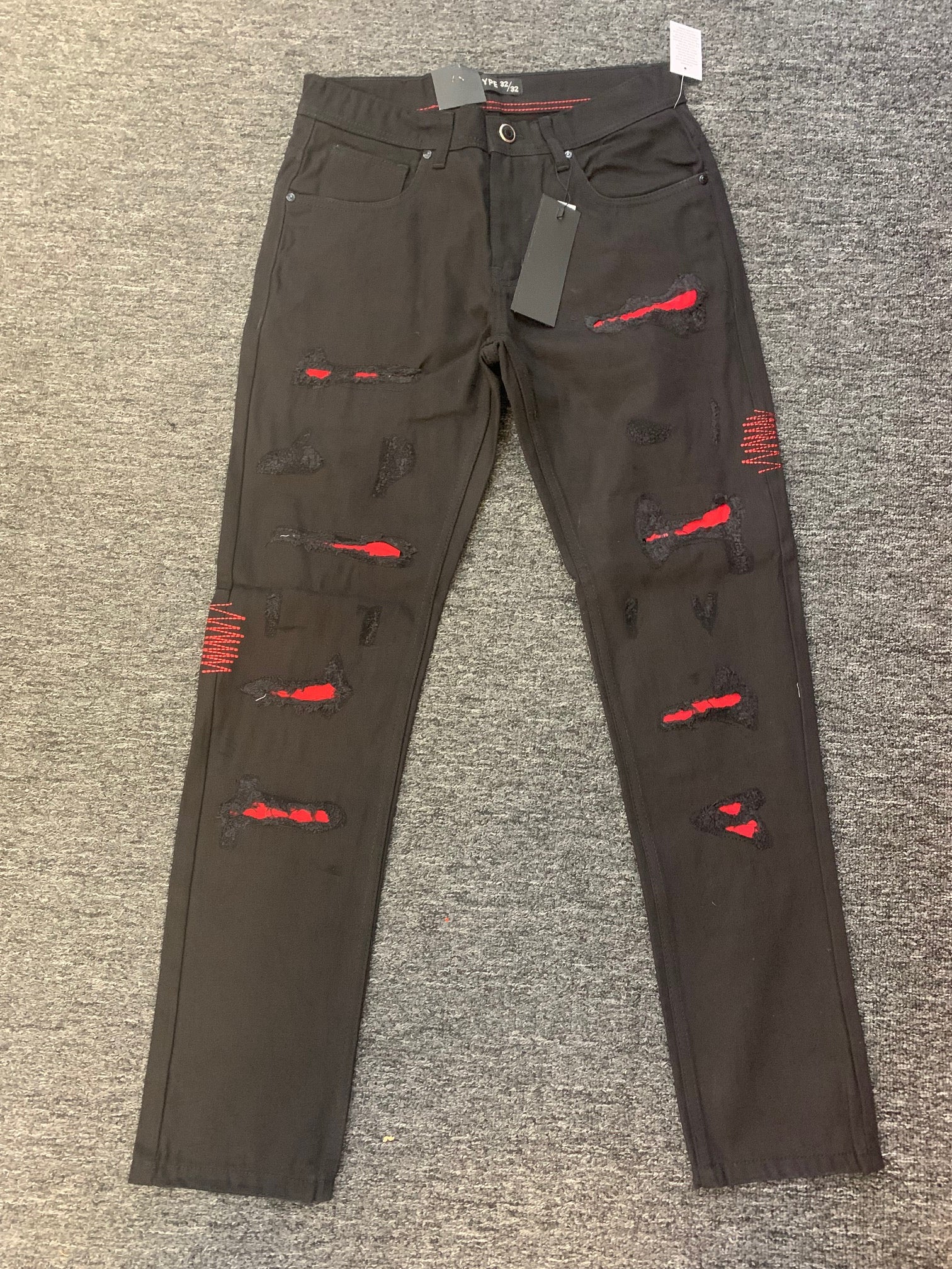 MEN BLACK/ RED Ripped w/Color Backing Jeans