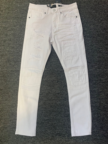 MEN WHITE LIGHT RIPS PACTH WORK PANTS