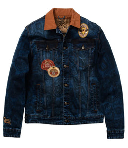 MENS BORN FLY DARK BLUE PATCH WORK BACK DESIGN DENIM JACKET