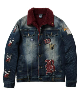 MENS BORN FLY BLUE & BURGANDY DENIM JACKET