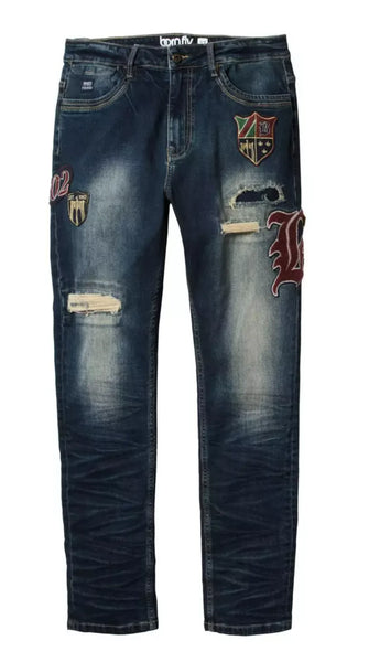 MENS BORN FLY DARK BLUE PATCH WORK DENIM PANTS