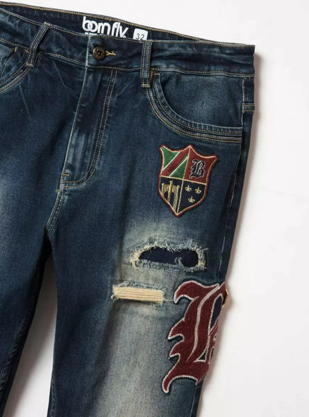 MENS BORN FLY DARK BLUE PATCH WORK DENIM PANTS