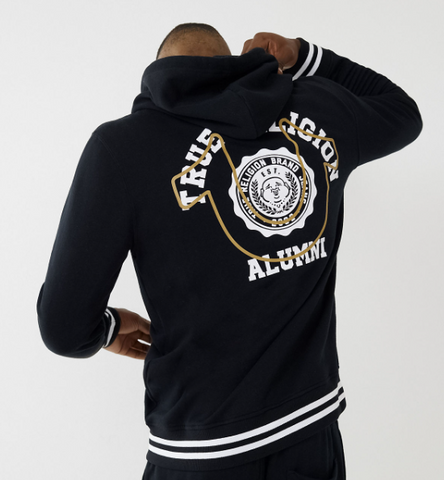 MEN TRUE RELIGION BLACK TR ALUMNI ZIP UP HOODIE