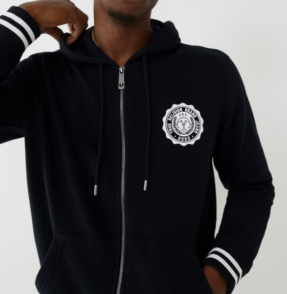 MEN TRUE RELIGION BLACK TR ALUMNI ZIP UP HOODIE