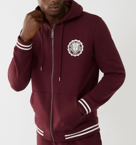 MEN TRUE RELIGION BURGUNDY TR ALUMNI ZIP UP HOODIE