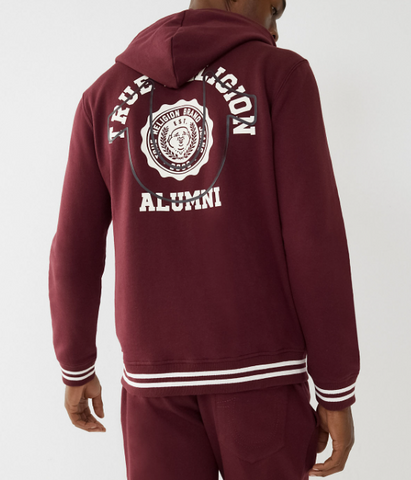 MEN TRUE RELIGION BURGUNDY TR ALUMNI ZIP UP HOODIE