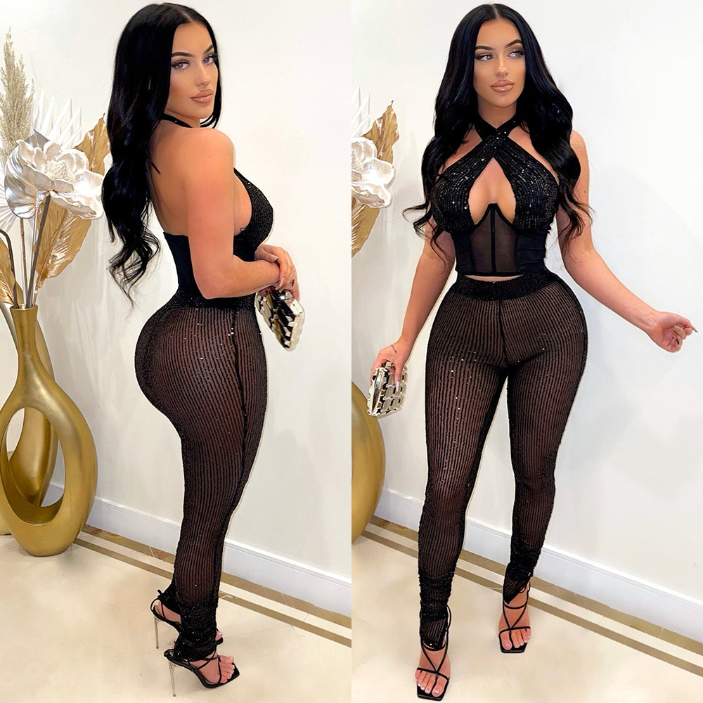 Black Sexy backless top pencil pants bead set