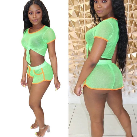 Sheer see through Neon Green short set