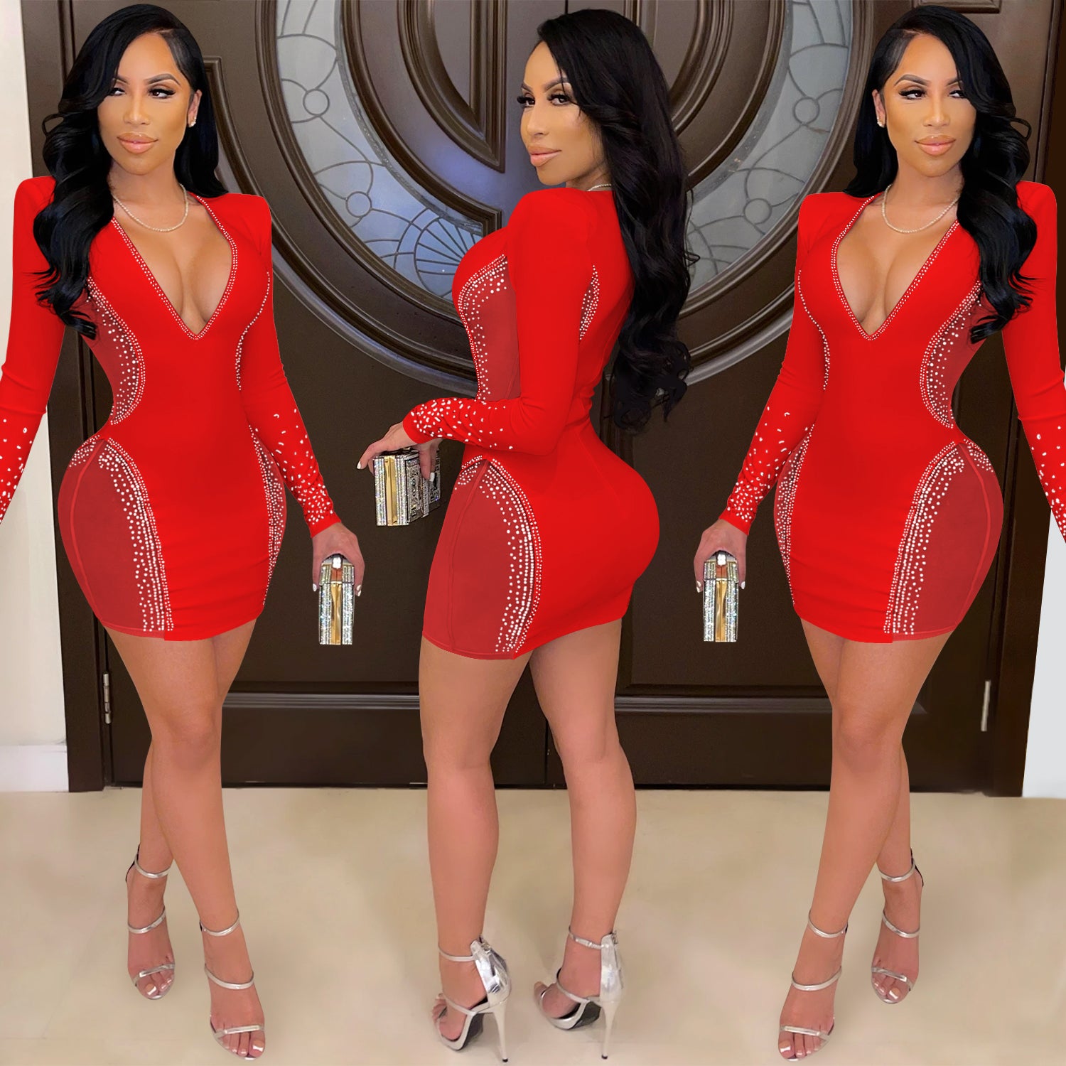 Red Sexy hot drill mesh perspective dress