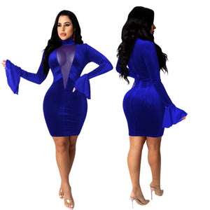 Blue Deep V solid mesh dress