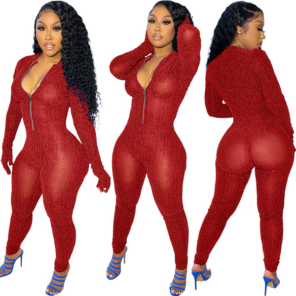 Red Solid mesh long sleeve Jumpsuit
