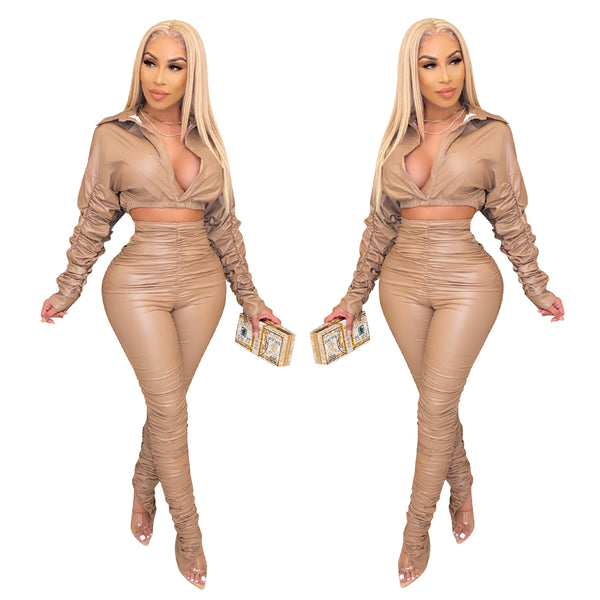 Khaki Fashion casual solid Pu pleated two piece set