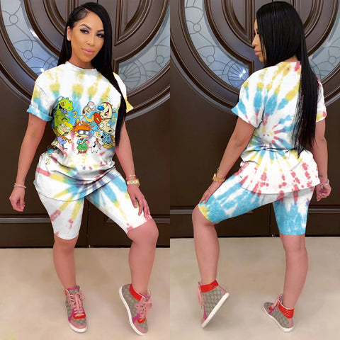 White Classic cartoon home printing tie dye Plus size set